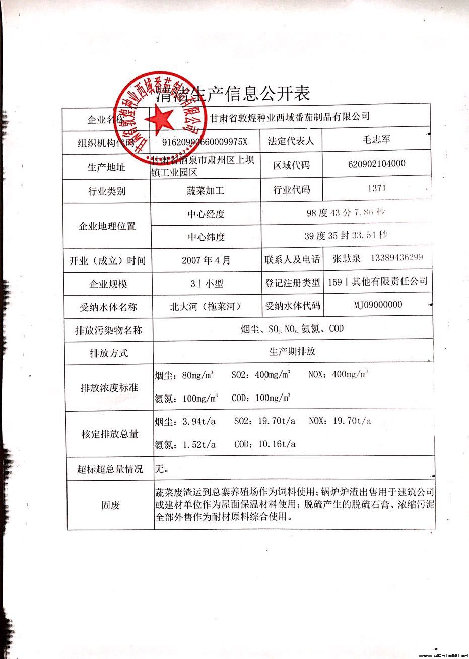 甘肅省敦煌種業西域番茄制品有限公司清潔生產信息公開表